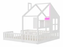 ModernLuxe Cama casita infantil 90 x 200 cm - con iluminación LED - con barreras de seguridad - con estantes de almacenamiento - ​ (colchón no incluido) Blanco Sale