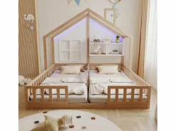 Cama casita infantil 90 x 200 cm - con iluminación LED - con barreras de seguridad - con estantes de almacenamiento - natural​ (colchón no incluido)^ModernLuxe Best