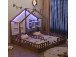 Cama casita infantil 90 x 200 cm - con iluminación LED - con barreras de seguridad - con estantes de almacenamiento - natural​ (colchón no incluido)^ModernLuxe Best