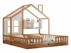 Cama casita infantil 90 x 200 cm - con iluminación LED - con barreras de seguridad - con estantes de almacenamiento - natural​ (colchón no incluido)^ModernLuxe Best