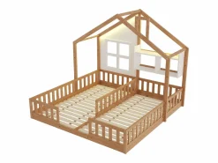 Cama casita infantil 90 x 200 cm - con iluminación LED - con barreras de seguridad - con estantes de almacenamiento - natural​ (colchón no incluido)^ModernLuxe Best
