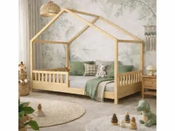 Cama casita infantil BOSCO 90x190 cm en madera de pino natural barnizada con somier de lamas – Estilo escandinavo unisex^ Clearance