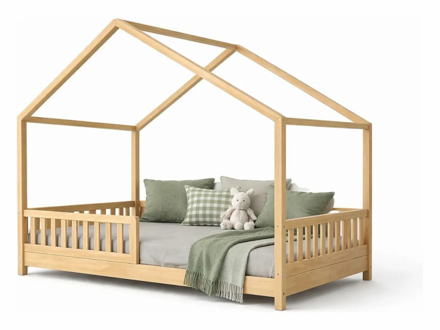 Cama casita infantil BOSCO 90x190 cm en madera de pino natural barnizada con somier de lamas – Estilo escandinavo unisex^ Clearance