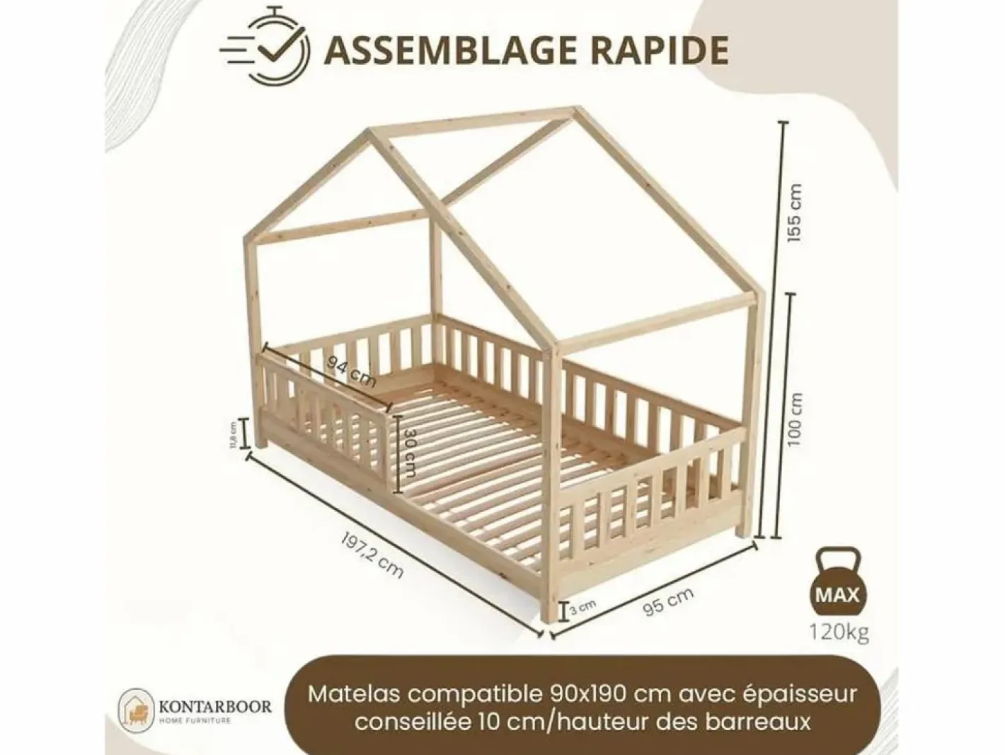 Cama casita infantil BOSCO 90x190 cm en madera de pino natural barnizada con somier de lamas – Estilo escandinavo unisex^ Clearance