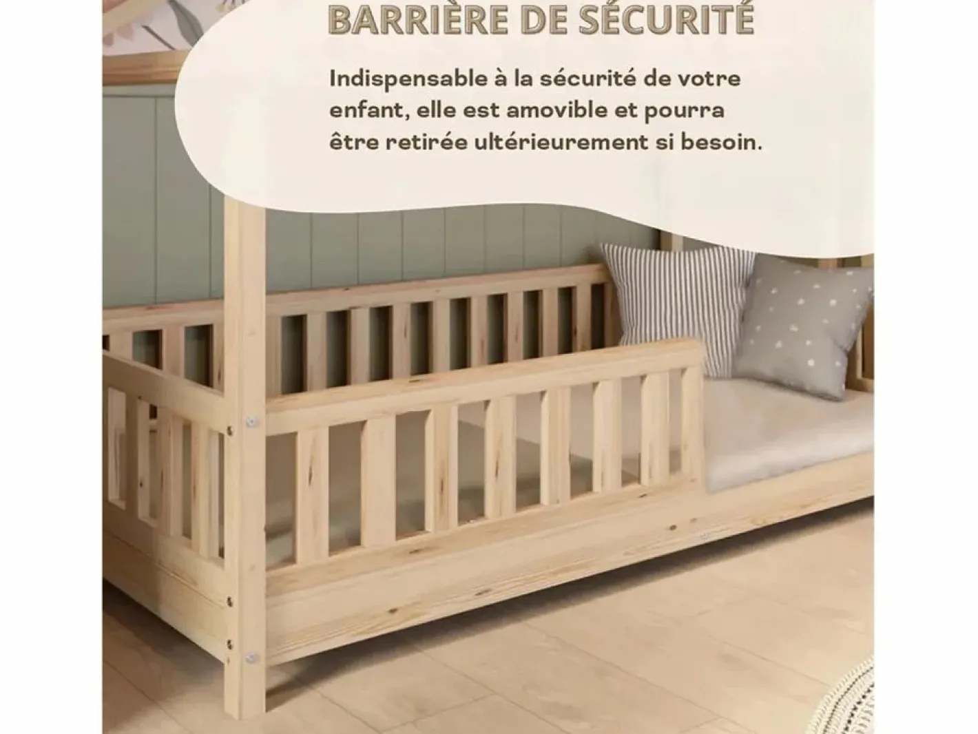 Cama casita infantil BOSCO 90x190 cm en madera de pino natural barnizada con somier de lamas – Estilo escandinavo unisex^ Clearance