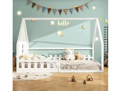 Cama casita infantil 140x200 cm con barandilla y barra tipo casa, madera de pino, (sin colchón)^Hauss Spole Hot