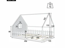 Cama casita infantil 140x200 cm con barandilla y barra tipo casa, madera de pino, (sin colchón)^Hauss Spole Hot