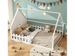 Cama casita infantil 140x200 cm con barandilla y barra tipo casa, madera de pino, (sin colchón)^Hauss Spole Hot