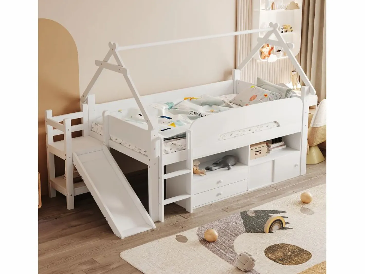 ModernLuxe Cama casita infantil 90x200 cm - con tobogán de seguridad - con 2 cajones - con barreras de seguridad - (colchón no incluido) Blanco Sale