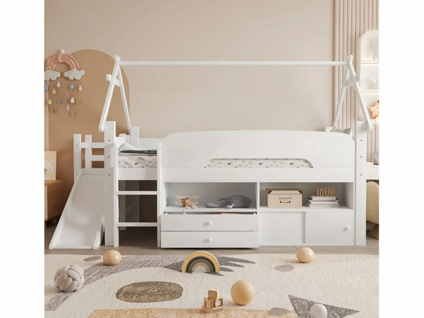 ModernLuxe Cama casita infantil 90x200 cm - con tobogán de seguridad - con 2 cajones - con barreras de seguridad - (colchón no incluido) Blanco Sale