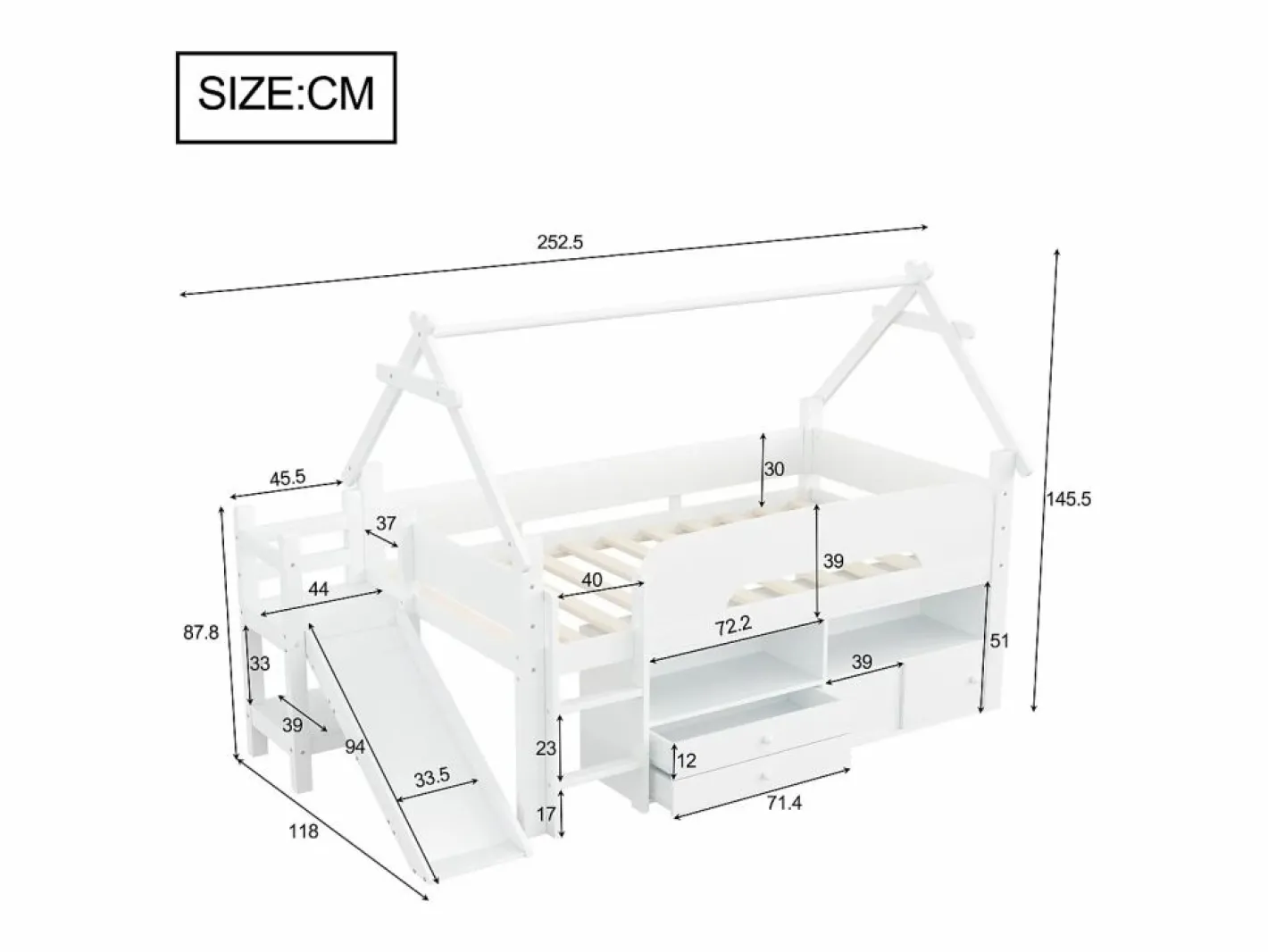 ModernLuxe Cama casita infantil 90x200 cm - con tobogán de seguridad - con 2 cajones - con barreras de seguridad - (colchón no incluido) Blanco Sale