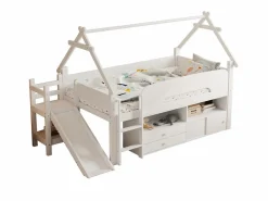 ModernLuxe Cama casita infantil 90x200 cm - con tobogán de seguridad - con 2 cajones - con barreras de seguridad - (colchón no incluido) Blanco Sale
