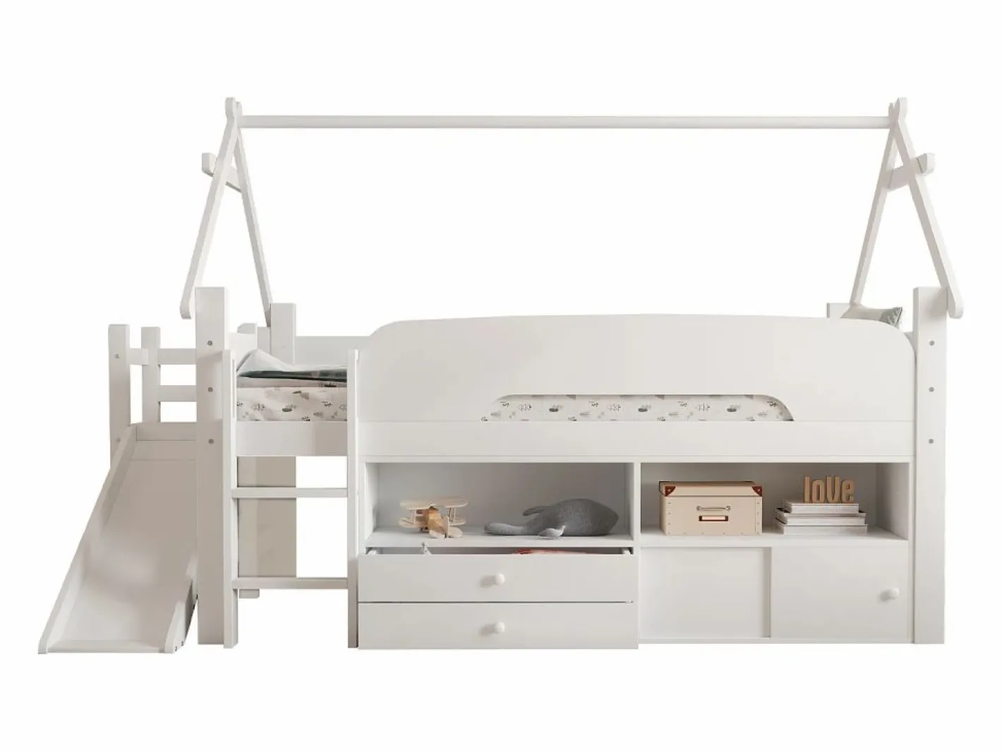ModernLuxe Cama casita infantil 90x200 cm - con tobogán de seguridad - con 2 cajones - con barreras de seguridad - (colchón no incluido) Blanco Sale