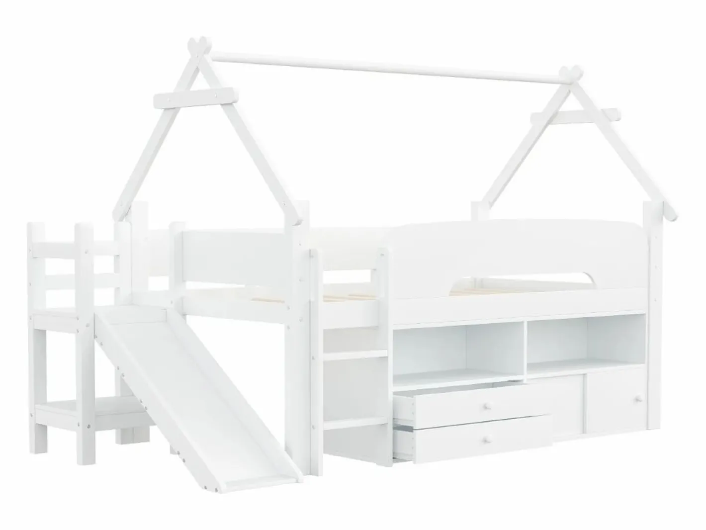 ModernLuxe Cama casita infantil 90x200 cm - con tobogán de seguridad - con 2 cajones - con barreras de seguridad - (colchón no incluido) Blanco Sale
