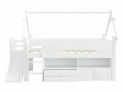 ModernLuxe Cama casita infantil 90x200 cm - con tobogán de seguridad - con 2 cajones - con barreras de seguridad - (colchón no incluido) Blanco Sale