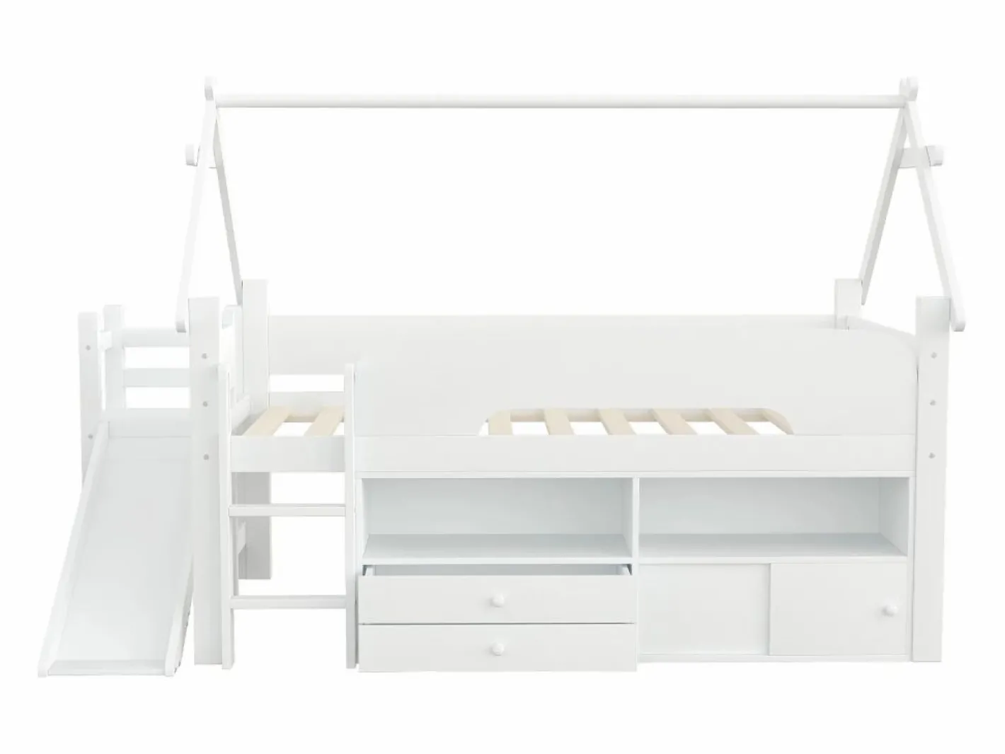 ModernLuxe Cama casita infantil 90x200 cm - con tobogán de seguridad - con 2 cajones - con barreras de seguridad - (colchón no incluido) Blanco Sale