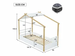 Cama casita infantil 90x190cm - con somier de láminas - diseño de cabaña de troncos - Madera maciza + MDF - Natural^ModernLuxe Discount