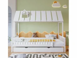 Cama Montessori|Cama casita 120x200cm con cama nido 120x190cm, Cama infantil con techo, chimenea, parrilla por 3 lados, pino + MDF,