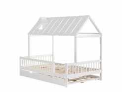 Cama Montessori|Cama casita 120x200cm con cama nido 120x190cm, Cama infantil con techo, chimenea, parrilla por 3 lados, pino + MDF,