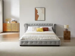Vente-unique Cama Chesterfield 180 x 200 cm pana + colchón - TONGERLA Gris claro Outlet