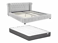 Vente-unique Cama Chesterfield 180 x 200 cm pana + colchón - TONGERLA Gris claro Outlet