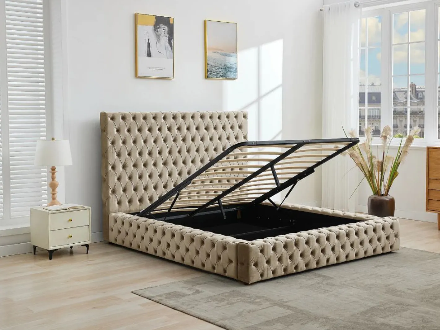 Cama Chesterfield Queen Size con almacenaje en terciopelo gris + colchón - DULENI^Vente-unique Best