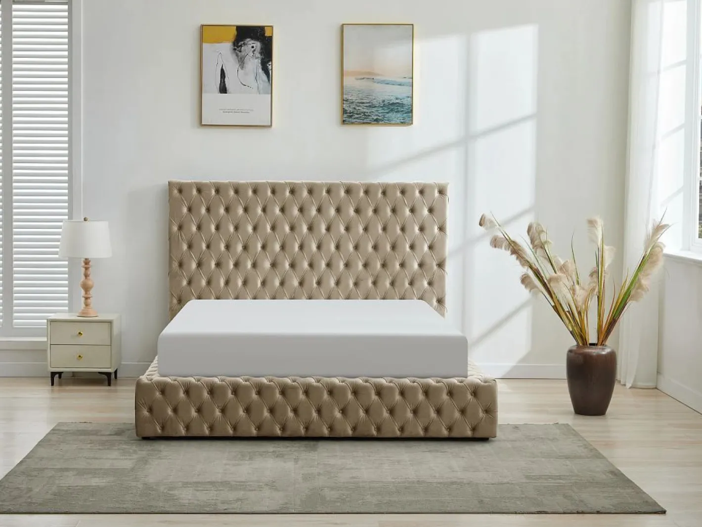 Cama Chesterfield Queen Size con almacenaje en terciopelo gris + colchón - DULENI^Vente-unique Best