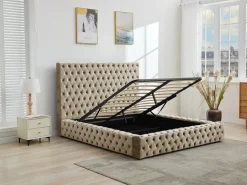 Vente-unique Cama Terciopelo|Cama Chesterfield tamaño queen con almacenaje en terciopelo color - DULENI