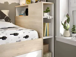 Vente-unique Cama Con Almacenaje|Cama Infantil|Cama compartimentos 90 x 190 cm Color: blanco y natural con colchón. LEANDRE