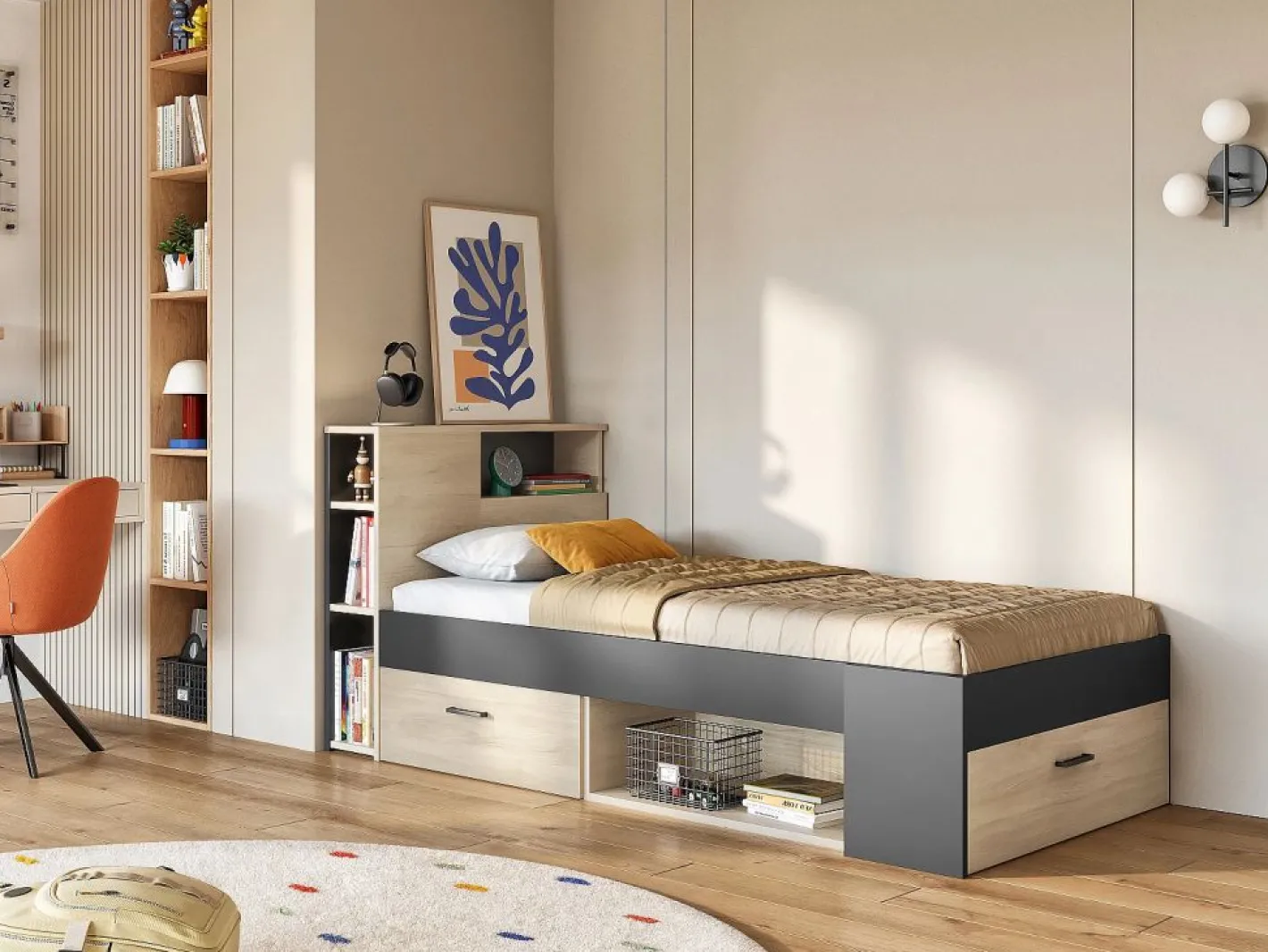 Vente-unique Cama con almacenaje 90 x 190 cm Color: natural y antracita con colchón. LEANDRE Gris antracita / Color natural claro Outlet