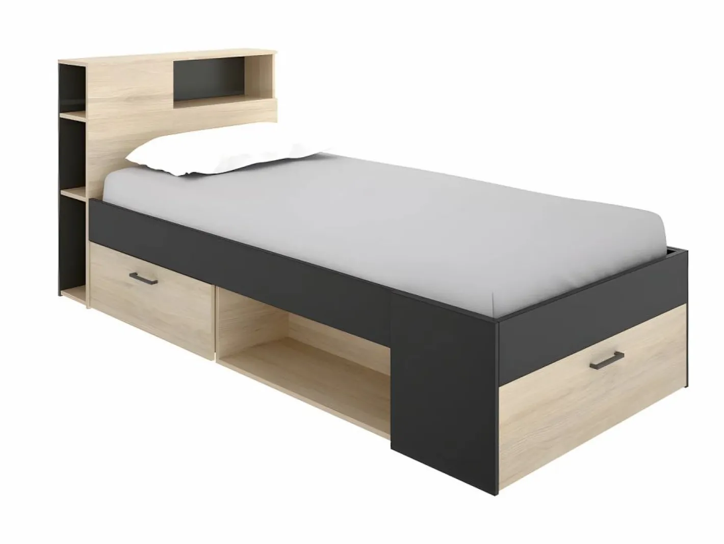 Vente-unique Cama con almacenaje 90 x 190 cm Color: natural y antracita con colchón. LEANDRE Gris antracita / Color natural claro Outlet