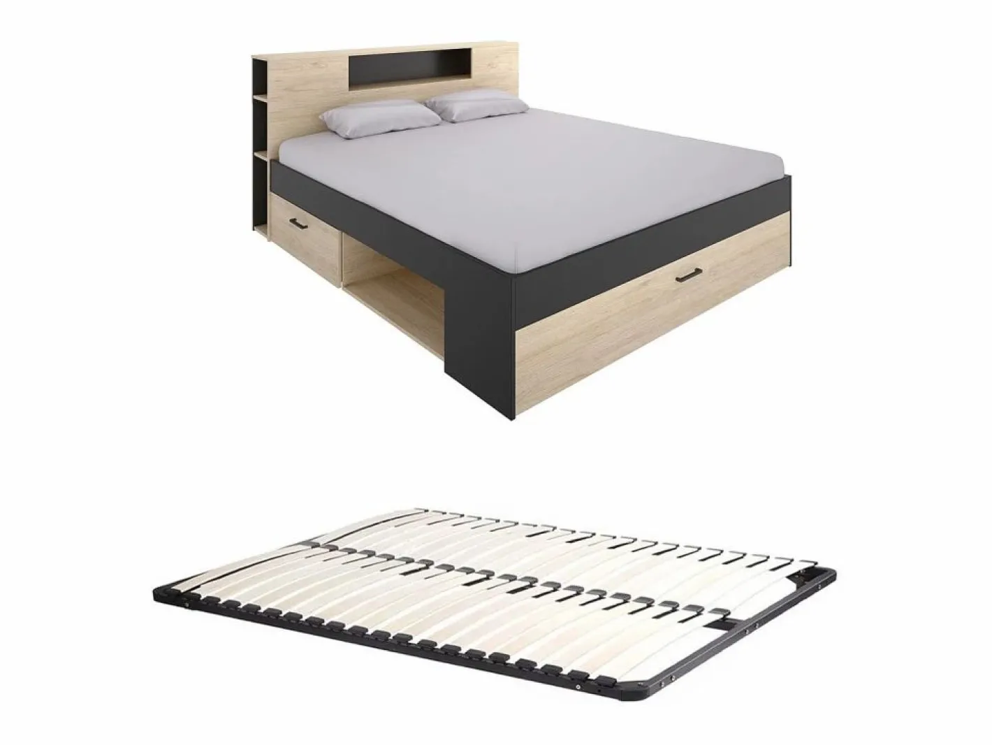Vente-unique Cama Con Almacenaje|Cama Adulto|Cama con almacenaje 140 x 190 cm, colores: natural y antracita + somier de láminas - LEANDRE