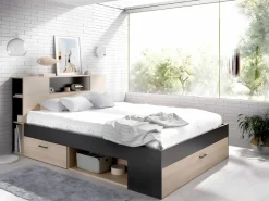 Vente-unique Cama con almacenaje 140 x 190 cm natural y antracita + somier + colchón - LEANDRE Gris antracita / Color natural claro Clearance
