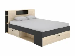 Vente-unique Cama con almacenaje 140 x 190 cm natural y antracita + somier + colchón - LEANDRE Gris antracita / Color natural claro Clearance