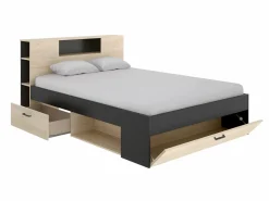 Vente-unique Cama con almacenaje 140 x 190 cm natural y antracita + somier + colchón - LEANDRE Gris antracita / Color natural claro Clearance