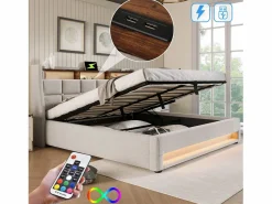Cama con almacenaje de lino 180x200 cm con LED y puertos USB - somier -^ModernLuxe Discount