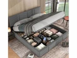 Merax Cama con almacenaje de terciopelo 180 x 200 cm - cabecero ajustable - estilo rayas - Gris Best