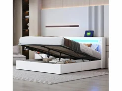 Cama Con Canapé|Cama Con Almacenaje|Cama con almacenaje 160x200 cm - Cama doble con USB, luz LED y reproductor Bluetooth - PU - sin colchón