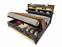 Cama con almacenaje 160x200 cm en lino , con LED, cabecero con almacenamiento con USB y puerto Type C^DripeX Outlet