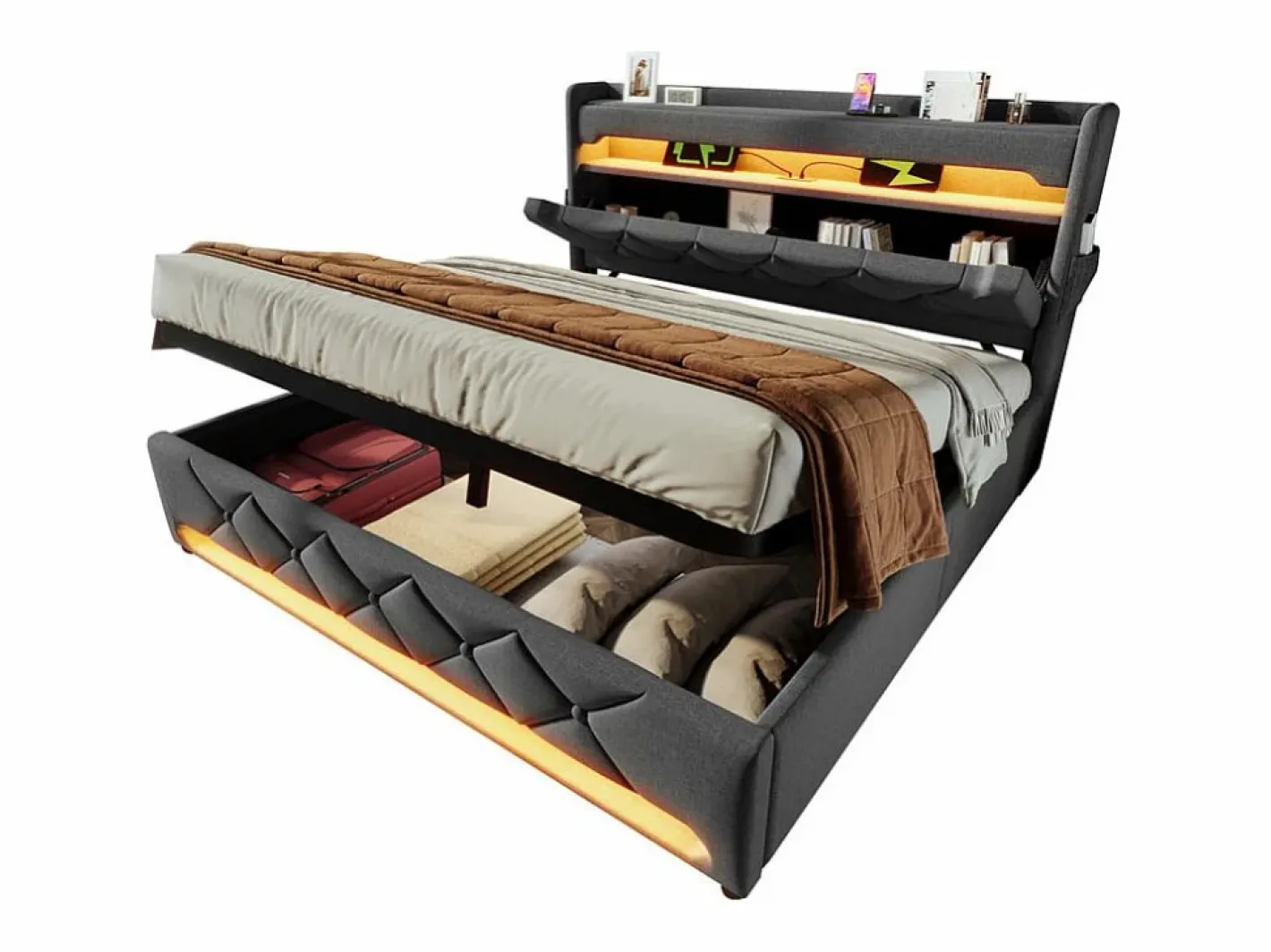 Cama con almacenaje 160x200 cm en lino , con LED, cabecero con almacenamiento con USB y puerto Type C^DripeX Outlet