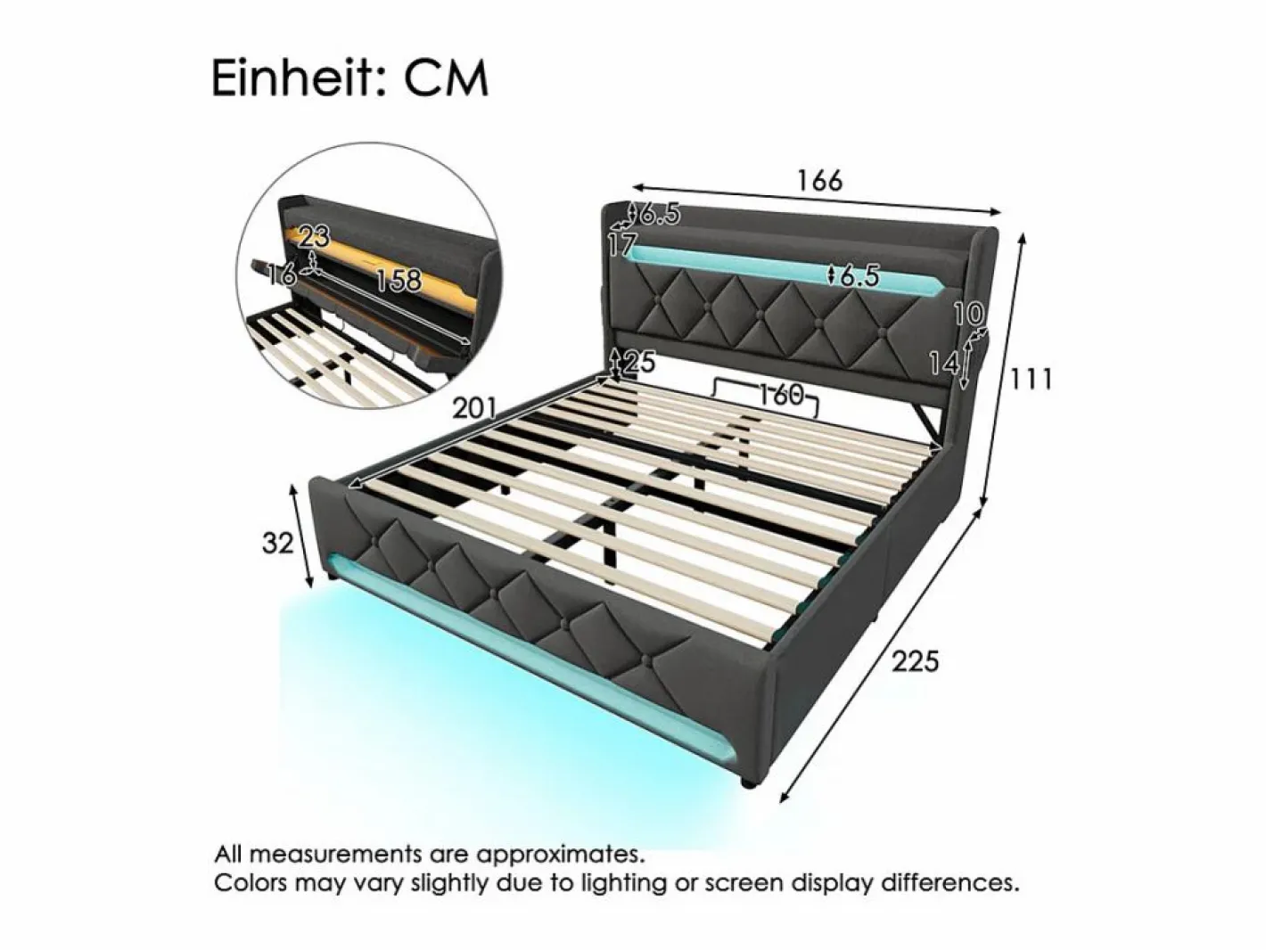 Cama con almacenaje 160x200 cm en lino , con LED, cabecero con almacenamiento con USB y puerto Type C^DripeX Outlet