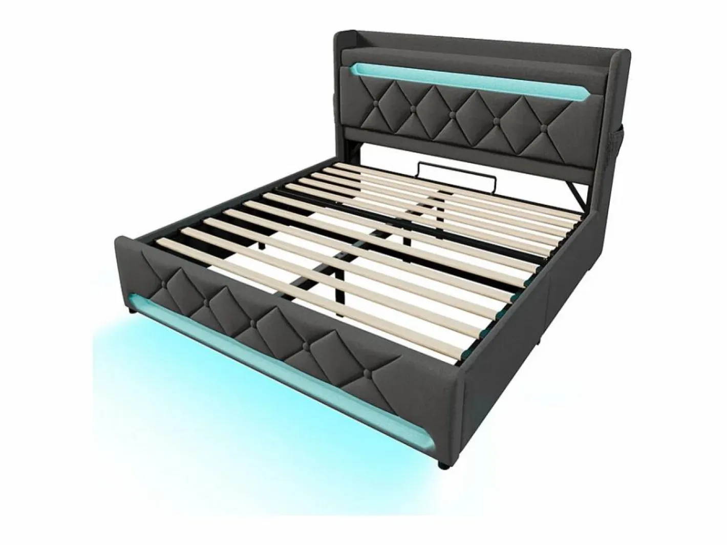 Cama con almacenaje 160x200 cm en lino , con LED, cabecero con almacenamiento con USB y puerto Type C^DripeX Outlet