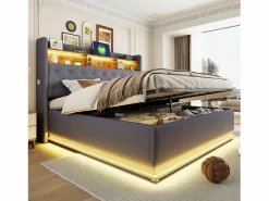 Hauss Spole Cama con almacenaje 180x200 cm para adultos con LED y USB Tipo-C, lino , sin colchón Gris Clearance