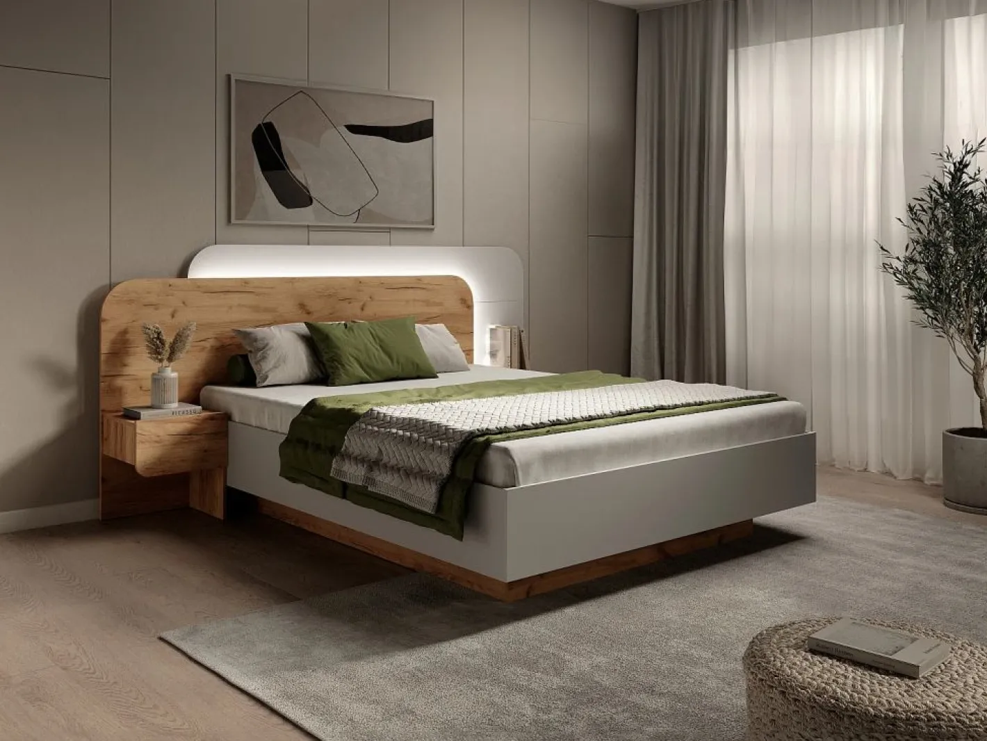 Cama con almacenaje y mesitas de noche 160 x 200 cm y LEDs en color natural y blanco - DESADO^Vente-unique