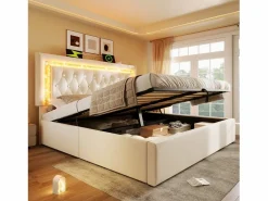 ModernLuxe Cama con almacenamiento acolchada 180x200cm en terciopelo - con iluminación LED - con puertos USB y Tipo-C - con somier de láminas - (sin colchón) Beige Sale