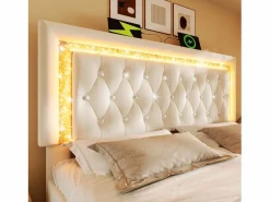 ModernLuxe Cama con almacenamiento acolchada 180x200cm en terciopelo - con iluminación LED - con puertos USB y Tipo-C - con somier de láminas - (sin colchón) Beige Sale