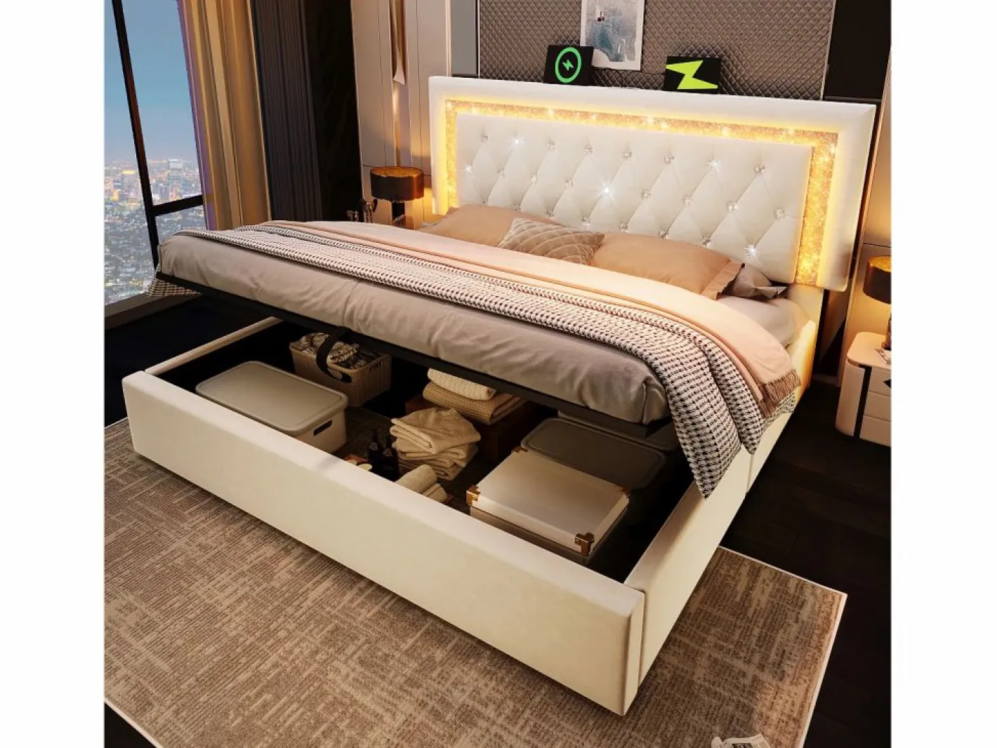ModernLuxe Cama con almacenamiento acolchada 180x200cm en terciopelo - con iluminación LED - con puertos USB y Tipo-C - con somier de láminas - (sin colchón) Beige Sale