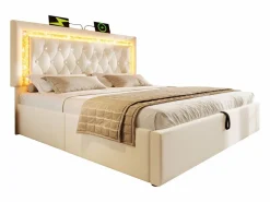 ModernLuxe Cama con almacenamiento acolchada 180x200cm en terciopelo - con iluminación LED - con puertos USB y Tipo-C - con somier de láminas - (sin colchón) Beige Sale
