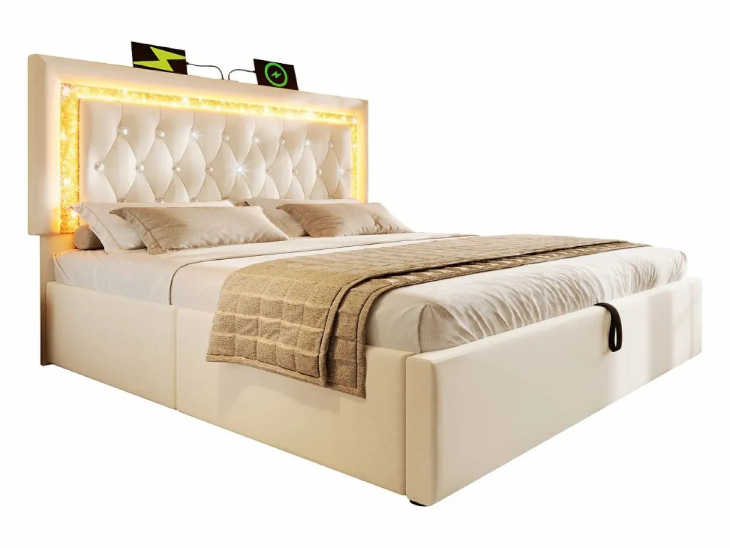ModernLuxe Cama con almacenamiento acolchada 180x200cm en terciopelo - con iluminación LED - con puertos USB y Tipo-C - con somier de láminas - (sin colchón) Beige Sale