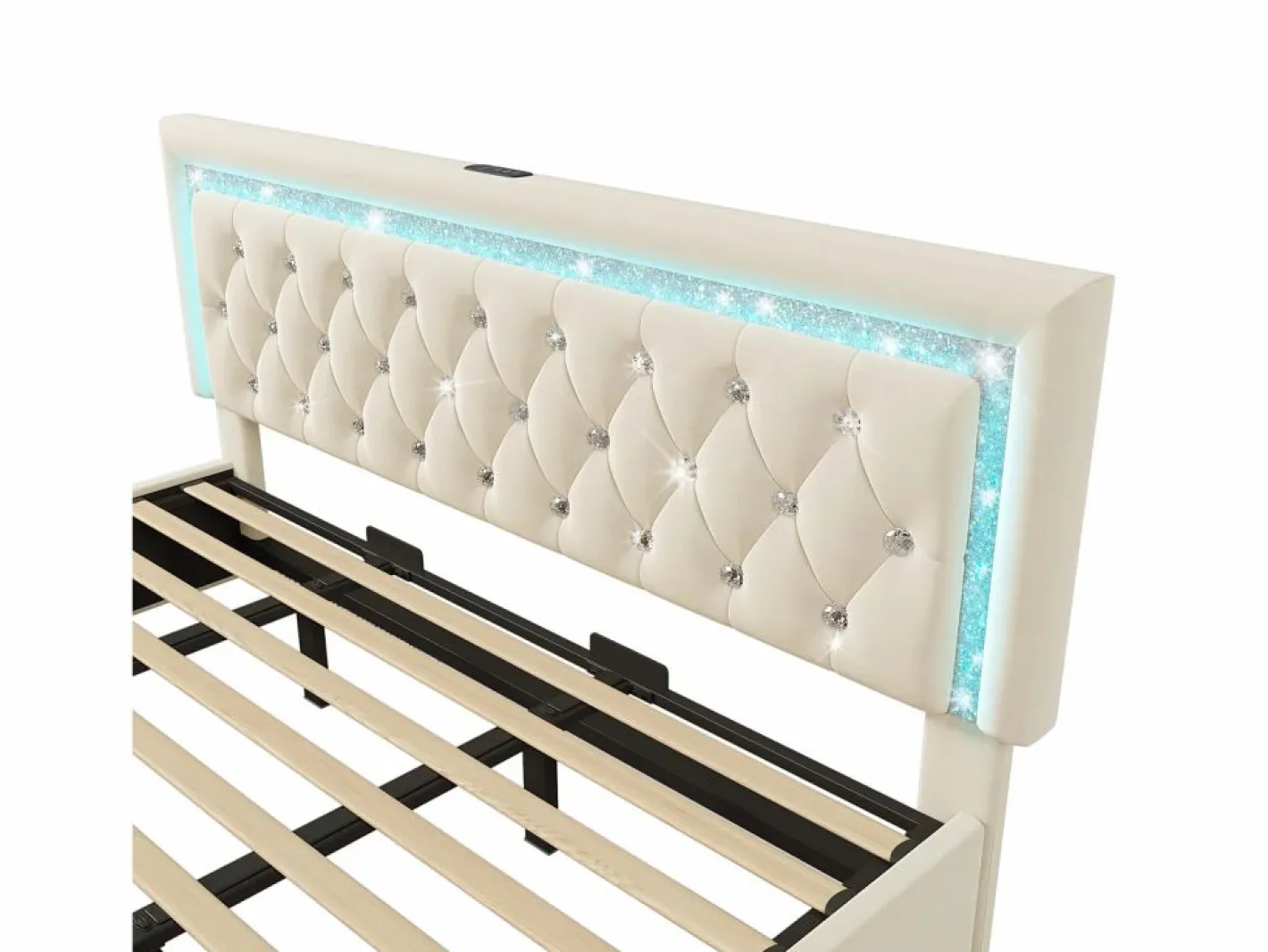 ModernLuxe Cama con almacenamiento acolchada 180x200cm en terciopelo - con iluminación LED - con puertos USB y Tipo-C - con somier de láminas - (sin colchón) Beige Sale
